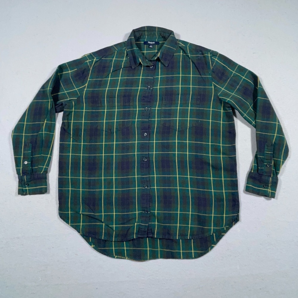 Madewell Oversize Cotton Slub Flannel Shirt Women Small Plaid Green Blue Preppy